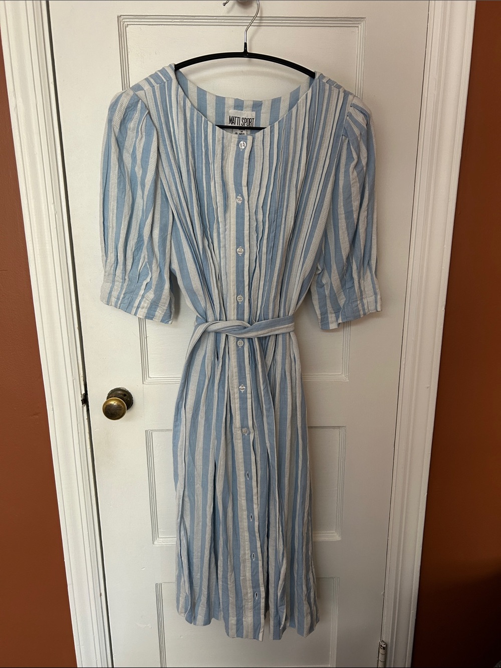 Vintage Light Blue & White Striped Button-Front Cotton Midi Dress